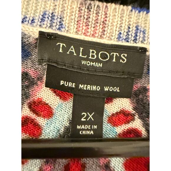 Talbots 2X Merino Wool Paisley Print Open Front Cardigan Sweater Red Blue Boho - Picture 3 of 6